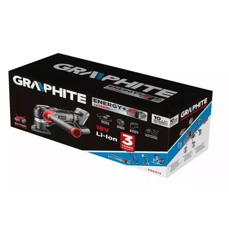 Daugiafunkcis įrankis GRAPHITE Energy+ 18V 58G013 — belaidis osciliacinis įrankis, maitinamas 18 V baterijomis