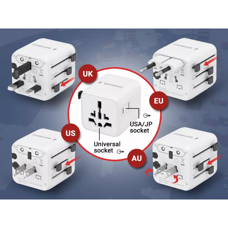 Universalus kelioninis maitinimo adapteris GEMBIRD TPA-INT-01-W — įvestis 100–250V, Type G kištukas, kompaktiški matmenys 84×56×85 mm