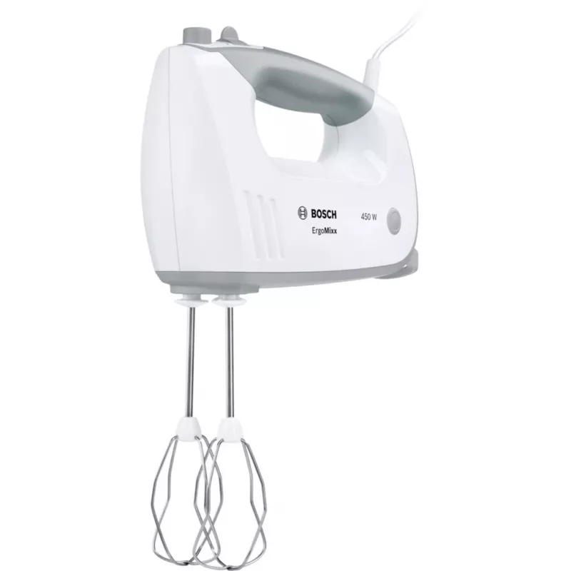 Rankinis plaktuvas Bosch MFQ36400 — 450 W, 5 greičiai, turbo, 1,3 m laidas, pilka/baltas