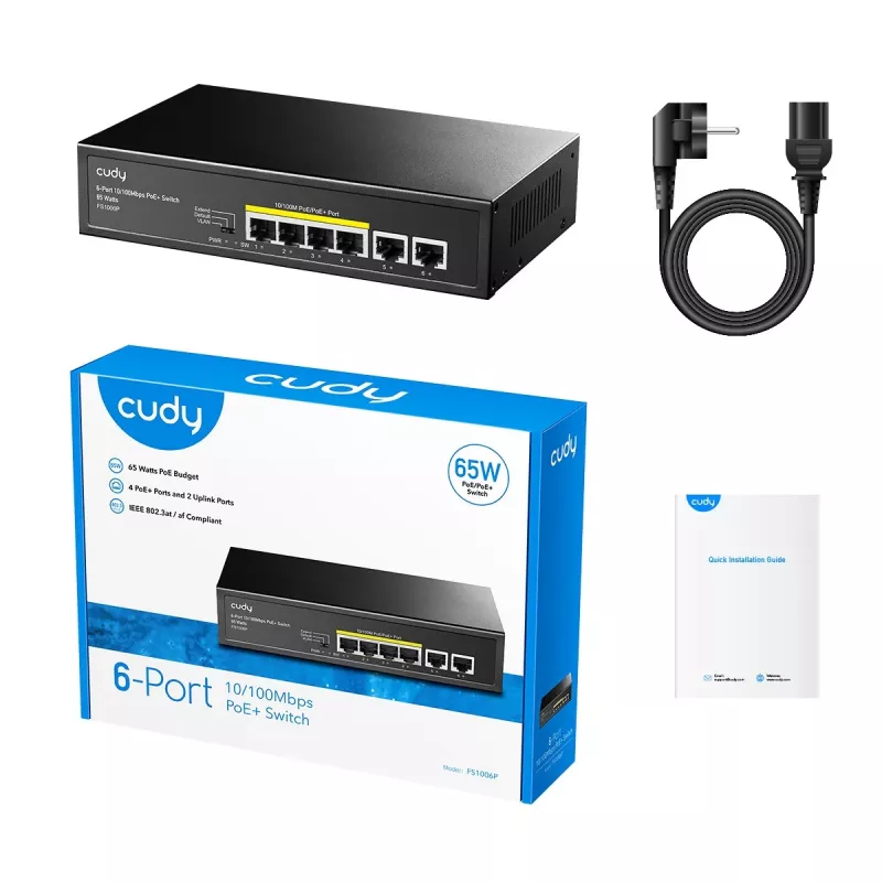 Tinklo komutatorius Cudy FS1006P Fast Ethernet 6 prievadų (4 PoE, 1 PoE+) 10/100 Mbps, 1,2 Gbit/s pralaidumas, metalinis korpusas, montavimas į stovą / ant sienos