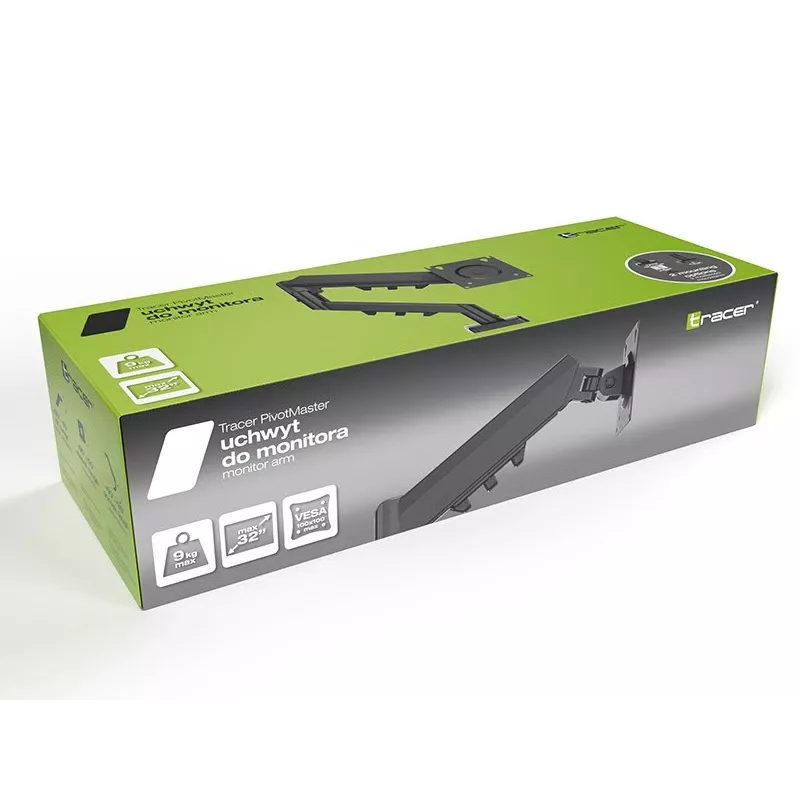 Monitoriaus stovas TRACER Pivot Master TRAUCH47659 — reguliuojamas aukštis, pakreipimas/sukimas, VESA 100×100, iki 9 kg, 13–32 colių ekranams, stalo tvirtinimas, juoda