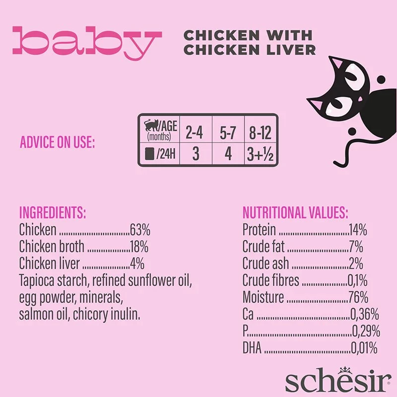 Šlapias kačių maistas Agras Pet Foods Schesir Baby in Brühe 70 g – vištiena, be grūdų, jaunikliams