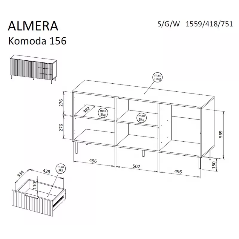 Komoda cama meble ALMERA 156×42×75 cm, riešutmedžio/kašmyro spalvos, 3 stalčiai, medžio drožlių plokštė