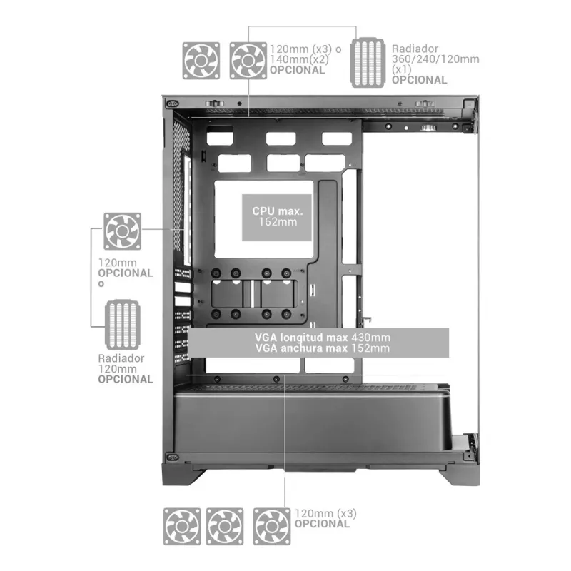 TACENS Mars Gaming MCPRISMA Midi Tower kompiuterio korpusas, juodas, grūdintas stiklas, palaiko ATX/Micro-ATX/Mini-ITX, 2x3,5 colių + 2x2,5 colių lizdai