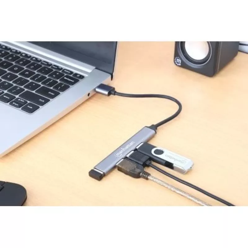 Manhattan USB-A 4 prievadų šakotuvas, 4x USB-A prievadai (1x 5 Gbps USB 3.2 Gen1 aka USB 3.0, 3 x 480 Mbps USB 2.0), maitinamas per USB (nereikia išorinio maitinimo šaltinio), aliuminis