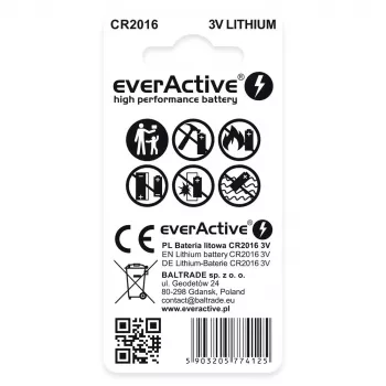Ličio monetos elementas everActive CR2016 — 3V, 20 mm skersmuo, 1,6 mm aukštis, pakuotėje 2 vnt.