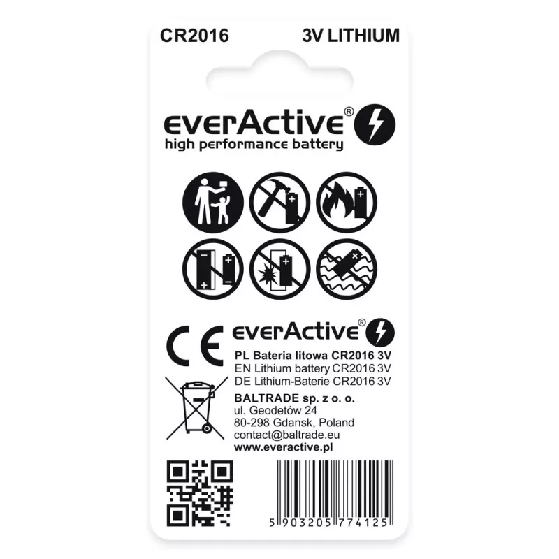 Ličio monetos elementas everActive CR2016 — 3V, 20 mm skersmuo, 1,6 mm aukštis, pakuotėje 2 vnt.
