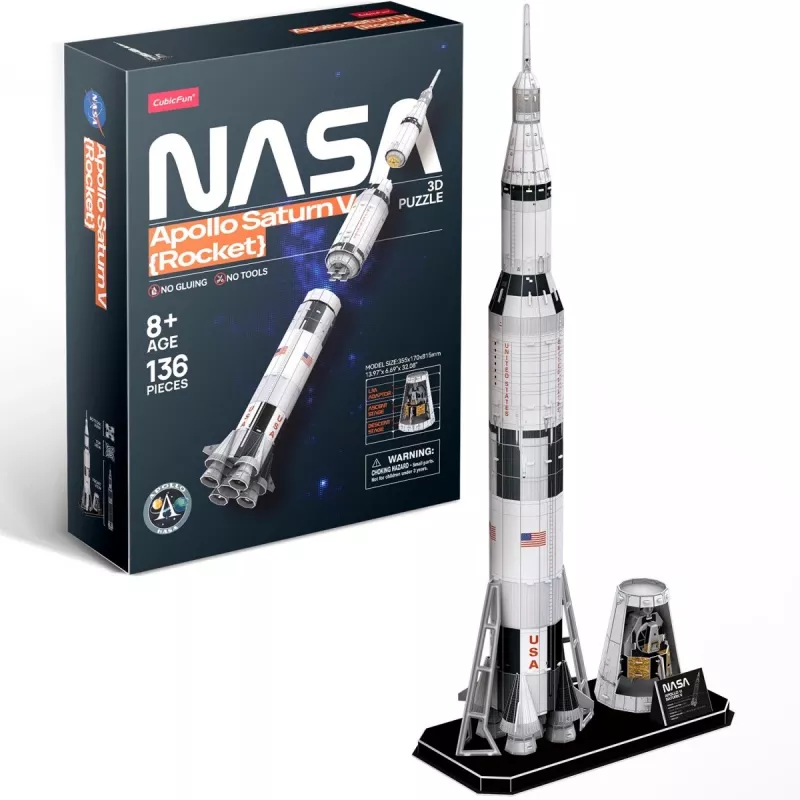 3D dėlionė cubicfun Apollo Saturn Rocket modelis — mastelio surinkimo edukacinis rinkinys