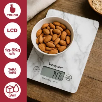 Virtuvinės svarstyklės Beper P102BIL004 - skaitmeninės, 5 kg, 1 g, baltas marmuras