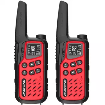 Nešiojamas racija Baofeng BF-T25E — 16 kanalų, 0,5 W, Li-Ion 1400 mAh, 2 vnt. rinkinys (raudona)