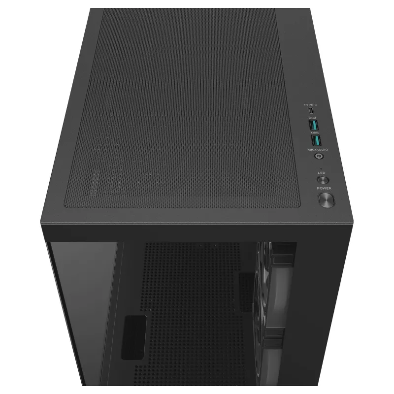 PC Midi Tower DeepCool CG380 3F — juoda, 235×437×451 mm, palaiko 2×120 mm šoninius + 1×120 mm galinį ventiliatorius, apatinis maitinimo blokas, 2,5 colio/3,5 colio HDD