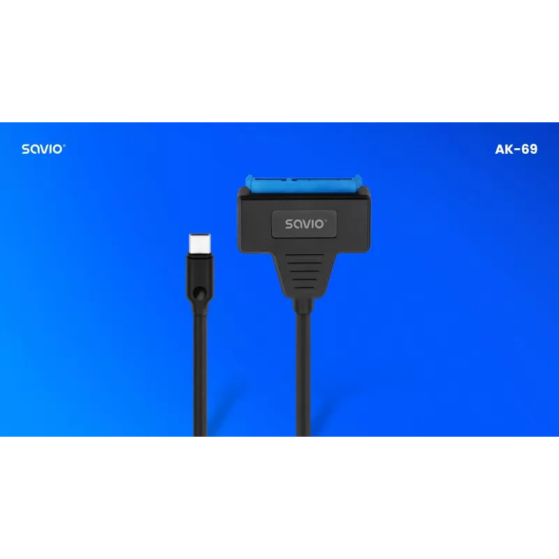 SAVIO SATA į USB-C sąsajos kabelis AK-69, SATA lizdas į USB-C kištuką, USB 3.2 Gen 1 (5 Gbit/s), 0,25 m, juodas