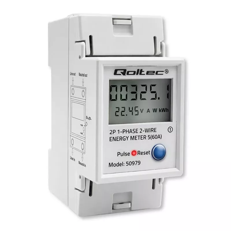 Energijos skaitiklis QOLTEC Vienfazis DIN bėgiui 230V (MPN 50979)