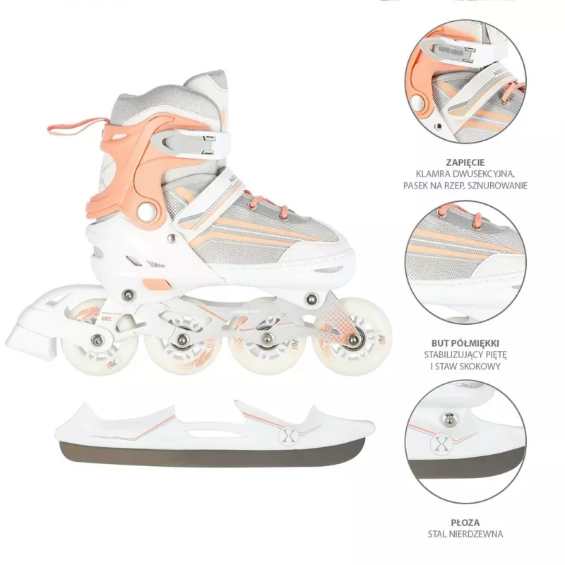 Nils Extreme NH18190 2IN1 riedučiai INLINE WHITE/PINK DYD. S (29-33) su keičiamomis ledo ritulio pačiūžomis