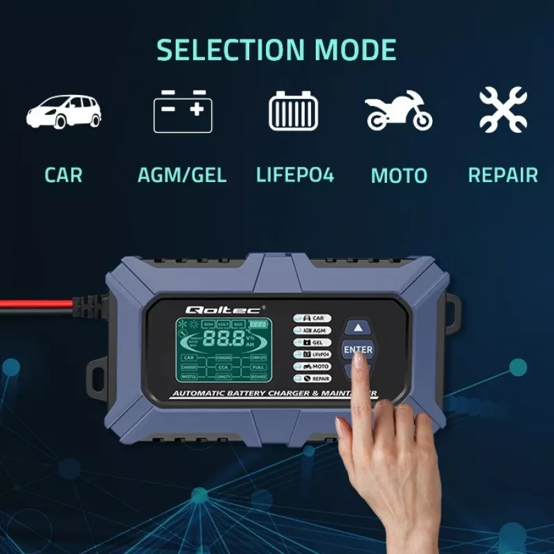 Qoltec išmanusis mikroprocesorinis akumuliatoriaus įkroviklis su akumuliatoriaus testeriu ir 12V atkūrimo funkcija | 6A | LCD | Akumuliatoriaus įkroviklis AGM LiFePO4 GEL akumuliatoriams