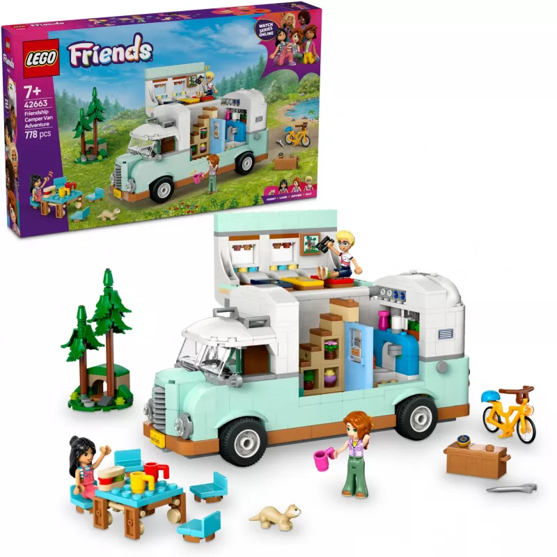 LEGO Motor Home rinkinys 42663 — LEGO Friends kemperis, 778 dalys, 3 mini lėlės, amžius 7+
