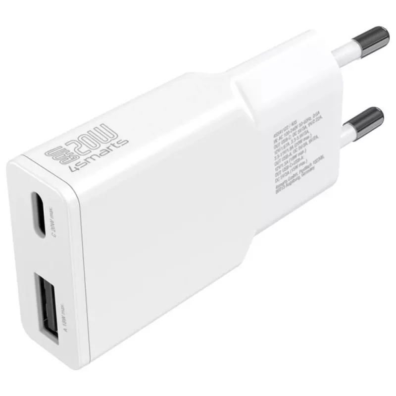 AC įkroviklis mobiliesiems įrenginiams 4smarts 541509 — 100–240V, USB-A + USB-C, 1,5 m laidas, greitas įkrovimas, baltas