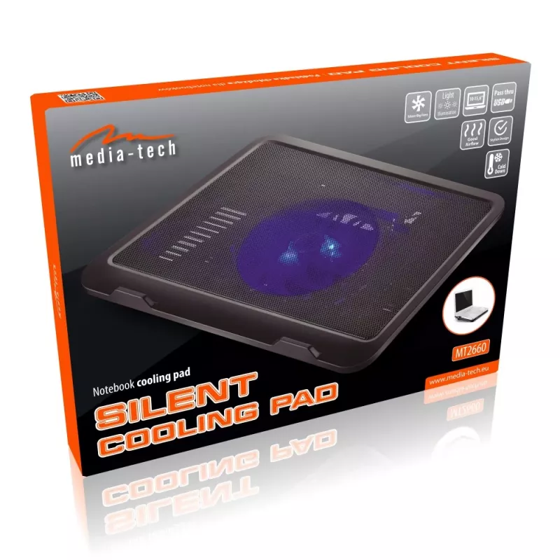 Aušinimo padėklas MEDIA-TECH MT2660 — USB maitinamas nešiojamojo kompiuterio aušintuvas, 1 ventiliatorius 13,5 cm, 20 CFM, 1000 RPM, 330×250×40 mm, 327 g, apšvietimas