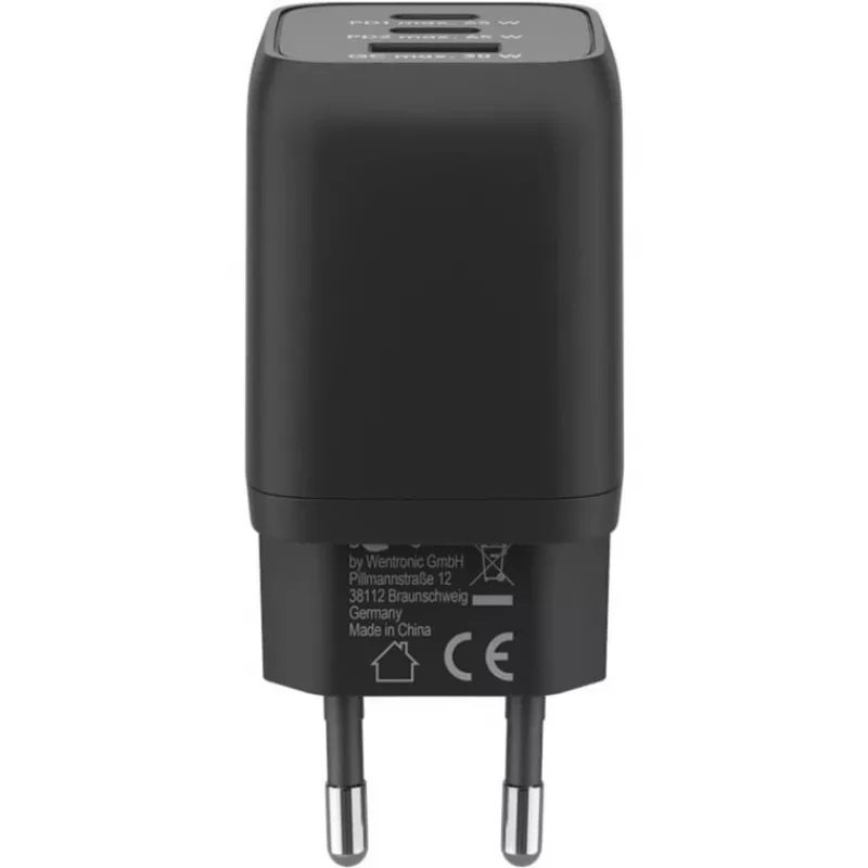 USB-C greitasis įkroviklis Nano, PD, GaN, 65 W, USB-C pintas laidas (juodas, 1x USB-A, 2x USB-C PD, greitasis įkrovimas 3.0, 1 metro laidas)