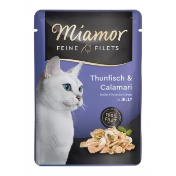 Šlapias kačių maistas Miamor Fine Fillets in Jelly — Tunas 100 g, be grūdų, pašaro paketėlis