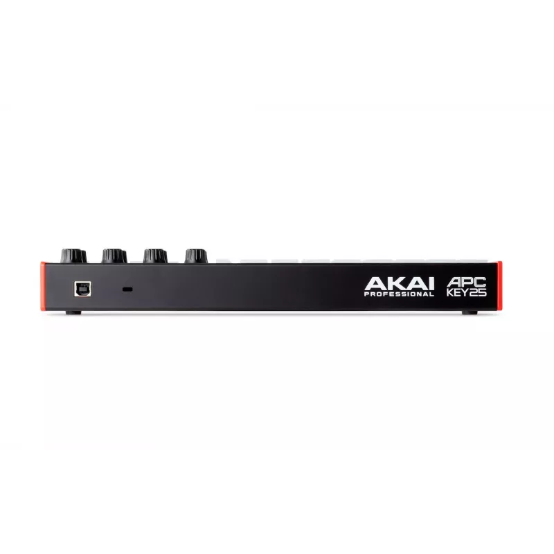 MIDI valdiklis AKAI APC Key 25 MK2 — 25 greičiui jautrūs klavišai, 40 pagalvėlių, RGB apšvietimas, 8 enkoderiniai valdikliai, maitinamas USB
