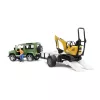 Žaislinė transporto priemonė BRUDER Land Rover Defender su priekaba CAT ir žmogumi
