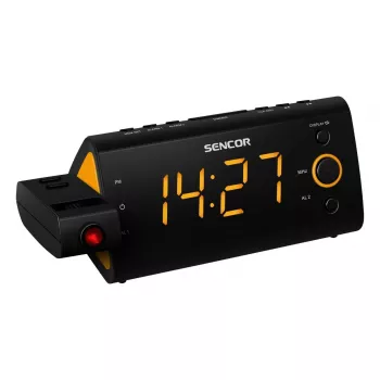 Radijas su laikrodžiu SENCOR SRC 330 OR — FM radijas su 1,2 colio LED ekranu, dvigubu žadintuvu, raudona 180° projekcija, kambario temperatūra, baterijos atsarginis maitinimas