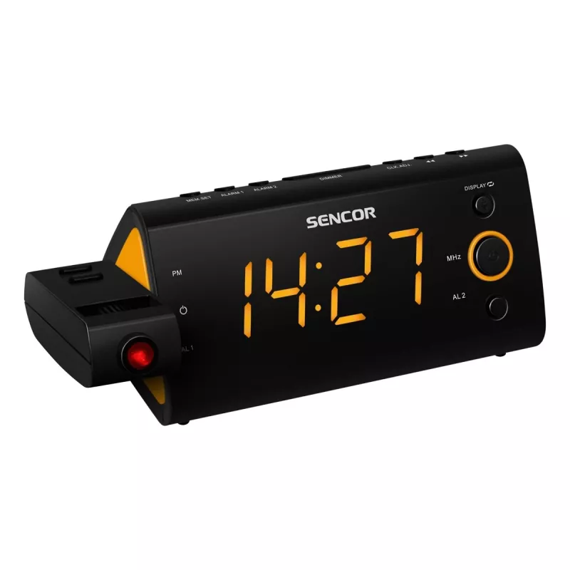 Radijas su laikrodžiu SENCOR SRC 330 OR — FM radijas su 1,2 colio LED ekranu, dvigubu žadintuvu, raudona 180° projekcija, kambario temperatūra, baterijos atsarginis maitinimas