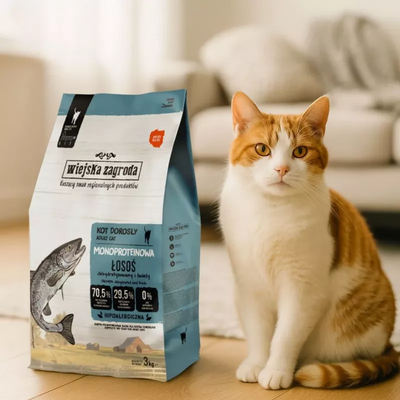 Sausas kačių ėdalas wiejskazagroda Monoprotein Lašiša Suaugusioms 3 kg – be grūdų, vienos rūšies baltymų, 38 % baltymų, 20 % riebalų