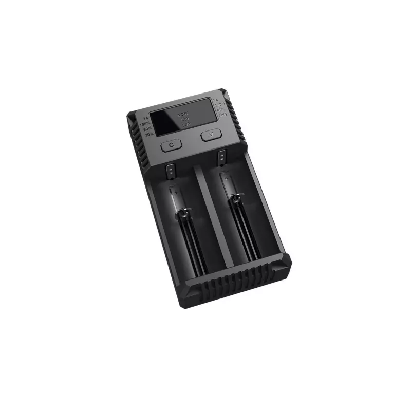 Baterijų įkroviklis Nitecore NEW i2 — 2 vietų įkroviklis LiFePO4, Li-Ion, NiMH; įėjimas 100–240 V; išėjimas 9–12 V; palaiko AAAA/C/D/AAA/AA; juodas