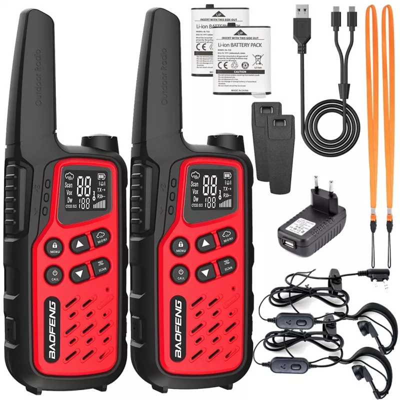 Nešiojamas racija Baofeng BF-T25E — 16 kanalų, 0,5 W, Li-Ion 1400 mAh, 2 vnt. rinkinys (raudona)