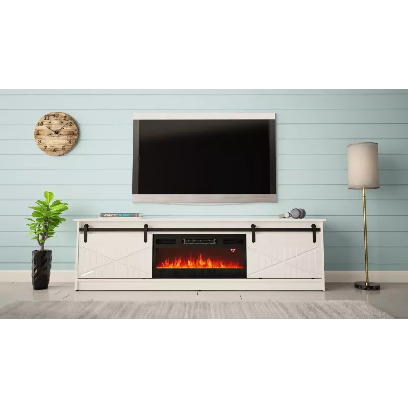 TV spintelė su elektriniu židiniu Cama Meble GRANERO model RTV GRANERO + KOM B/B, 200x56.7x35 cm, balta/baltas blizgesys, 2 durys, 2 lentynos, MDF/drožlių plokštė