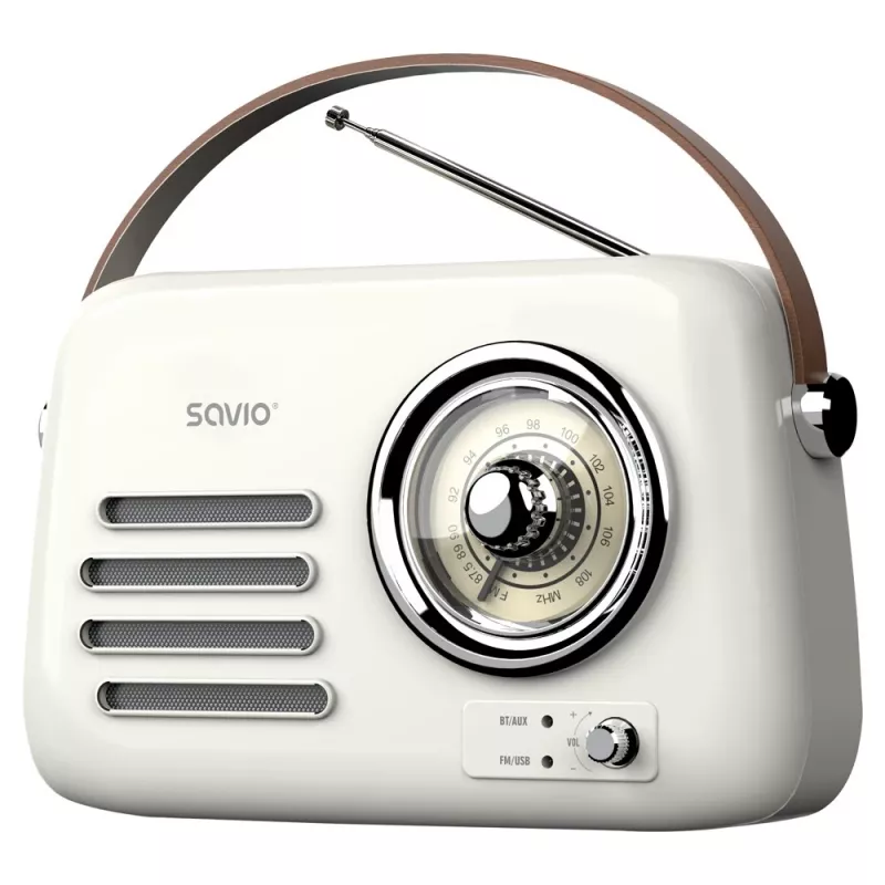 Nešiojamasis radijas SAVIO RS-02 – analoginis FM tiuneris, Bluetooth 5.3, USB maitinimas, 3 W, baltas