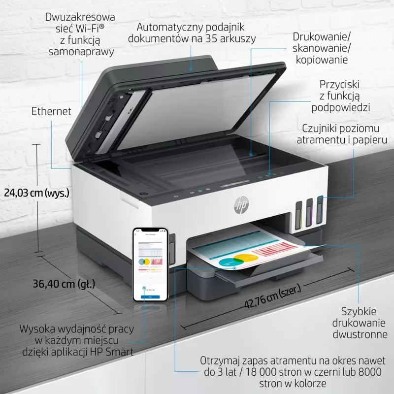 Daugiafunkcis spausdintuvas HP Smart Tank 750 su nuolatiniu rašalu, spalvotas, Wi-Fi, Smart App, dvipusis spausdinimas, ADF automatinis dokumentų tiektuvas