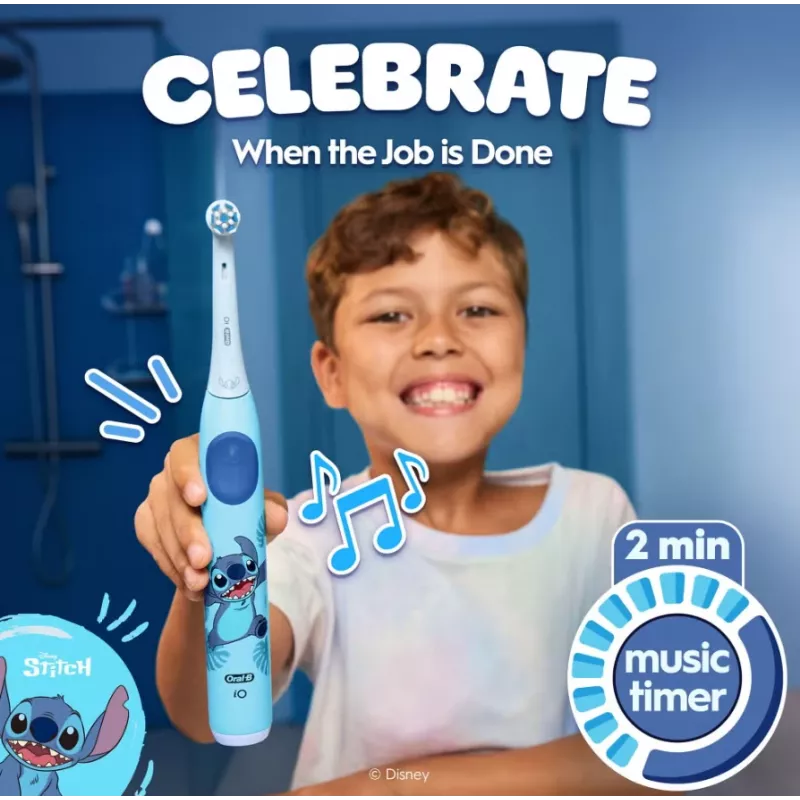 Oral-B elektrinis dantų šepetėlis su kelioniniu dėklu, 6Y+ | iO Kids Disney Stitch | Įkraunamas | Vaikams | Įtrauktų šepetėlių antgalių skaičius 1 | Dantų valymo režimų skaičius 3