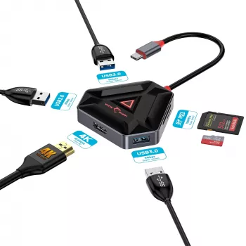 USB-C šakotuvas SBOX HEXAGON 6-in-1 su HDMI ir Ethernet, Type-C baltas
