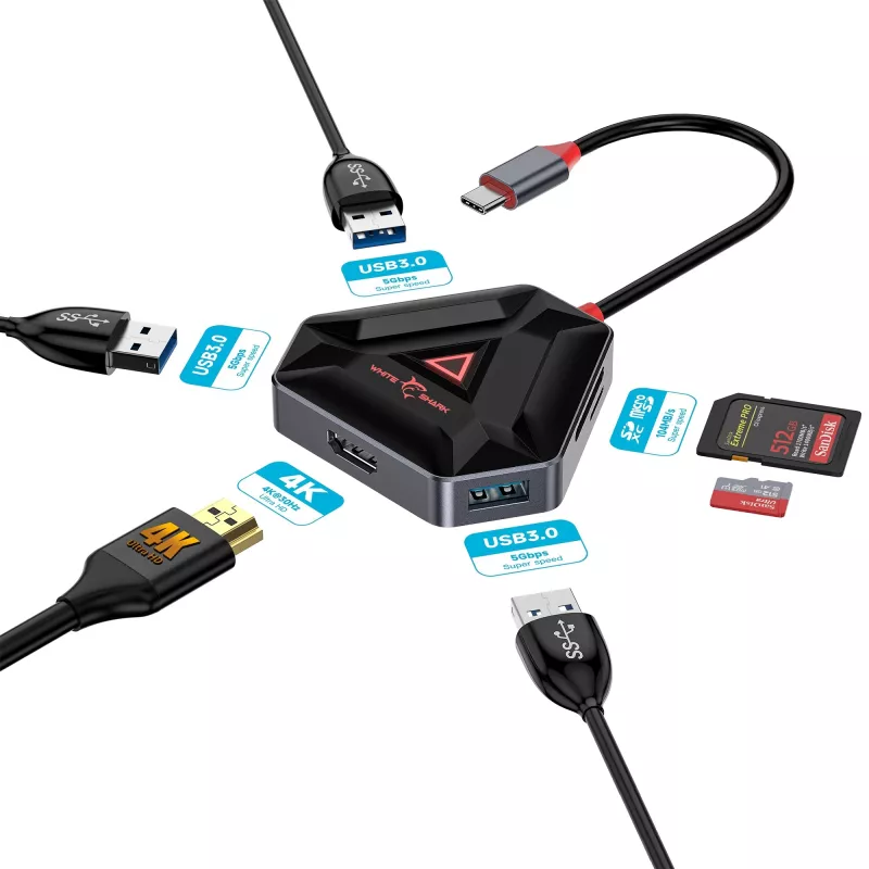 USB-C šakotuvas SBOX HEXAGON 6-in-1 su HDMI ir Ethernet, Type-C baltas