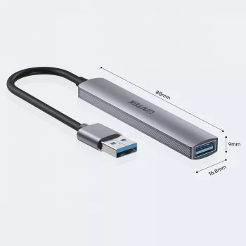 USB šakotuvas Unitek H1208A — 4 prievadai (1 × USB 3.2 Gen 1 Type-A, 3 × USB 2.0), aliuminio korpusas, pilka, 0,20 m laidas