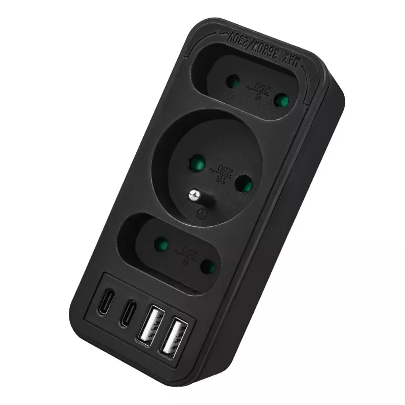 Maitinimo skirstytuvas MACLEAN MCE248 F/B — 3 kintamosios srovės lizdai (1x16A, 2x6A) ir 4 USB prievadai (2xUSB‑A, 2xUSB‑C PD 20W), ES kištukas, juodas