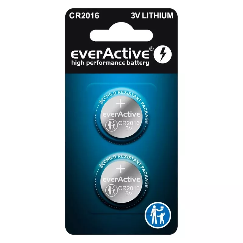 Ličio monetos elementas everActive CR2016 — 3V, 20 mm skersmuo, 1,6 mm aukštis, pakuotėje 2 vnt.