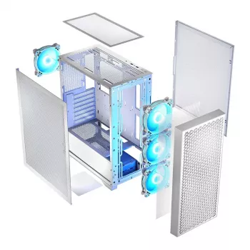 Kompiuterio korpusas LOGIC Dart Pro Midi ARGB baltas — Midi Tower, ATX, 456×200×385 mm, maks. GPU 34 cm, CPU aušintuvo aukštis 155 mm, 3x120mm priekyje + 1x120mm gale, USB 3.0 x2, USB-C x1