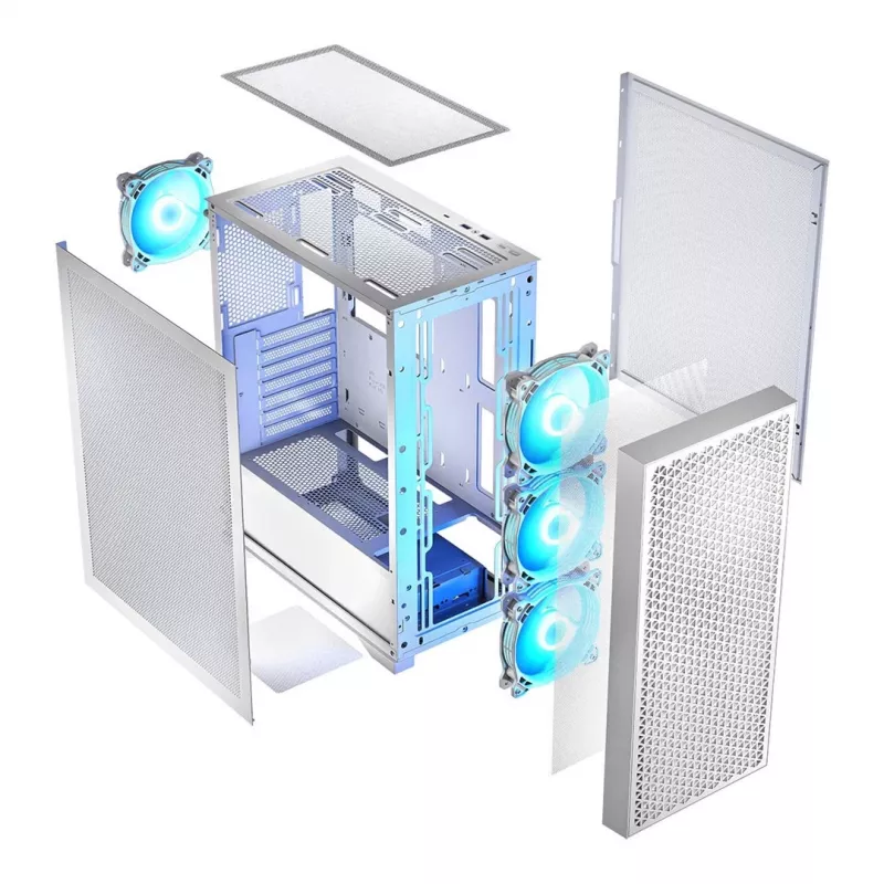 Kompiuterio korpusas LOGIC Dart Pro Midi ARGB baltas — Midi Tower, ATX, 456×200×385 mm, maks. GPU 34 cm, CPU aušintuvo aukštis 155 mm, 3x120mm priekyje + 1x120mm gale, USB 3.0 x2, USB-C x1