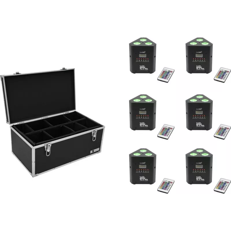 LED akumuliatorinis prožektorius EUROLITE AKKU TL-3 TCL QuickDMX 6x su transportavimo dėklu TDV-1