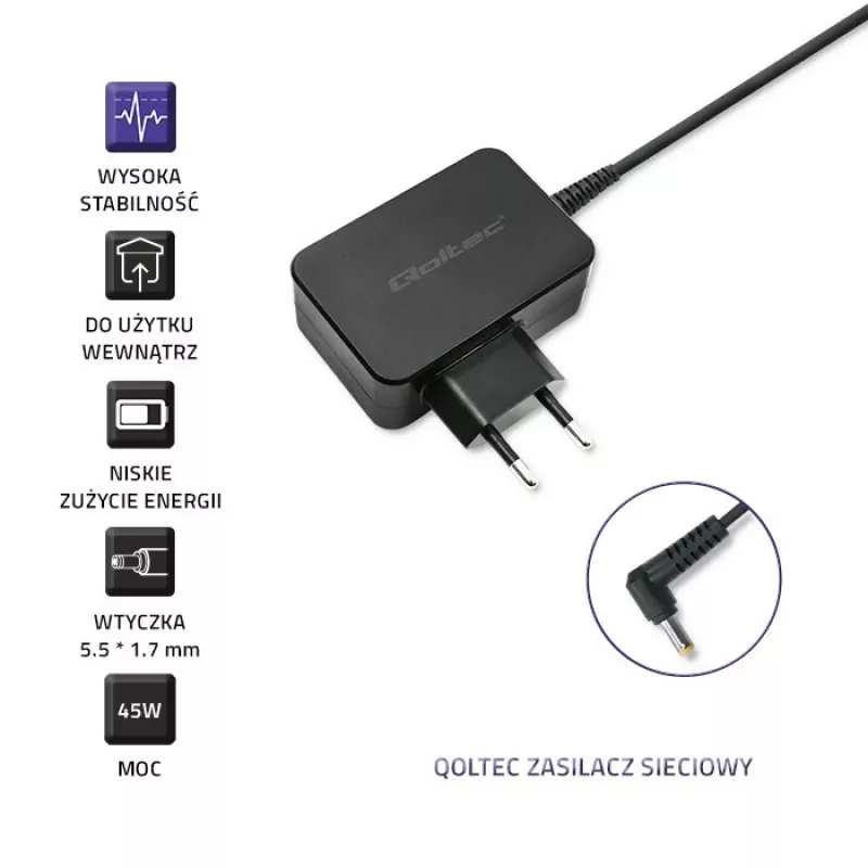 Maitinimo adapteris QOLTEC 45W 19V 2.37A su 5.5x1.7 mm jungtimi