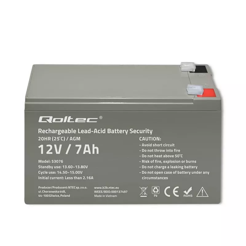 Qoltec 53076 AGM akumuliatorius | 12V | 7Ah | Apsaugos sistemos