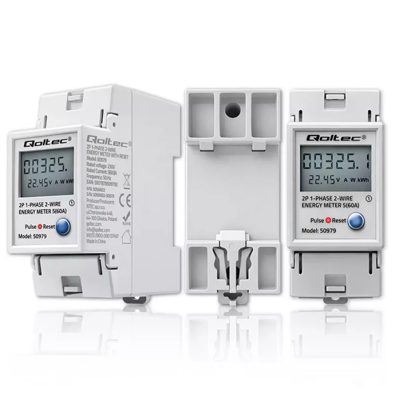 Energijos skaitiklis QOLTEC Vienfazis DIN bėgiui 230V (MPN 50979)