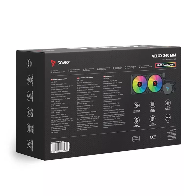 Skysčio aušinimo rinkinys SAVIO VELOX 240 mm juodas — 240 mm radiatorius, 205×450 mm, 2 ventiliatoriai, TDP 250 W