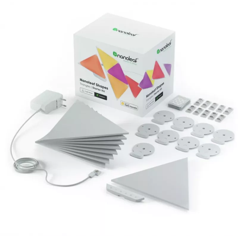 Trikampiai LED skydiniai šviestuvai Nanoleaf NL47-0002TW-9PK — 9 vnt. RGB sieninių plokščių rinkinys, maitinamas kintamąja srove, balti