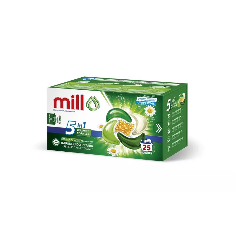 MILL PRO 5k skalbimo kapsulės + UNIVERSAL minkštinimo granulės, 25 vnt.