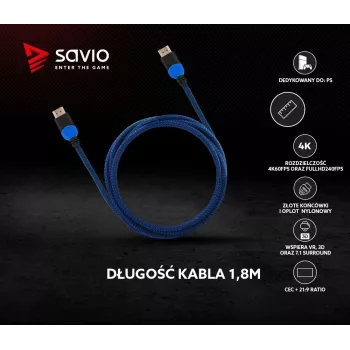 Savio GCL-02 HDMI kabelis 1,8 m HDMI A tipo (standartinis) juoda, mėlyna